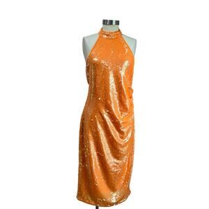 Caroline Constas Orange Sequin Midi Halter Dress Size M